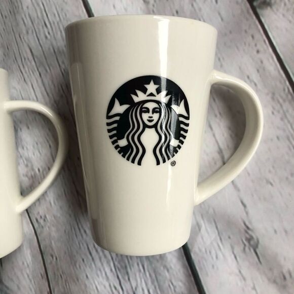 STARBUCKS 12OZ White Coffee Mug Black Logo Set Of 2 - Picture 6 of 6
